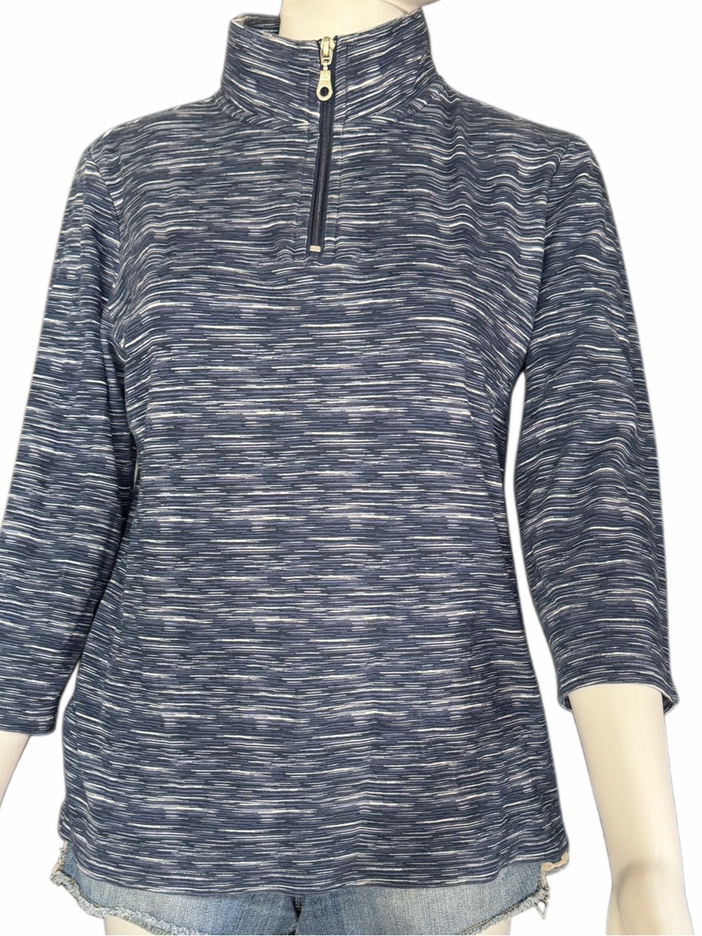 Karen Scott Sport Women’s Small Blue Space Dye 1/4 Zip Pullover Top 3/4 Sleeve